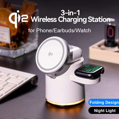 C16 QI2 Charging Stand Night Light Phone Watch Earphone 15W Magnetic Wireless Charger