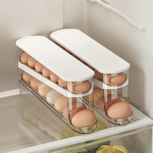 Yuragim Egg Container for Refrigerator, Automatic Rolldown Egg Organizer, 2 Tiers, Egg Container, Egg Rack, Space-Saving Egg Box for Fridge, Holds 14 Eggs