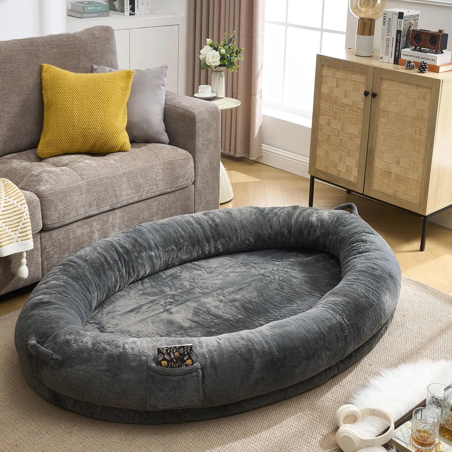 Dog Bed for Humans - Human Dog Bed for People Adult, Giant Dog Bed for Humans Adult, Human Size Dog Bed for Napping Families with Blanket, Throw Pillow,