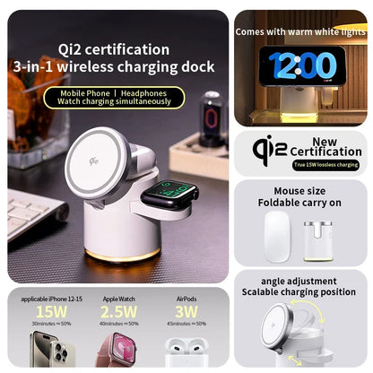 C16 QI2 Charging Stand Night Light Phone Watch Earphone 15W Magnetic Wireless Charger